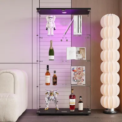 Obrázok produktu pre Sklenená vitrína s LED osvetlením, 2 dvere, 4 police, čierna, 164 cm