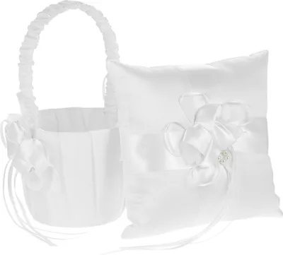 Obrázok produktu pre 7 * 7 palcov slonovinová biela saténová kvetina Bowknot Ring Bearer Pillow a svadobný kvetinový kôš