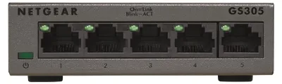 Produktbild von NETGEAR GS305 Switch 5 Port Gigabit Ethernet LAN Switch (Plug-and-Play Netzwerk Switch, LAN Verteiler, Hub energieffizient, lüfterlos, robustes Metallgehäuse), Unmanaged, L2, Gigabit Ethernet (10/100/1000), Wandmontage