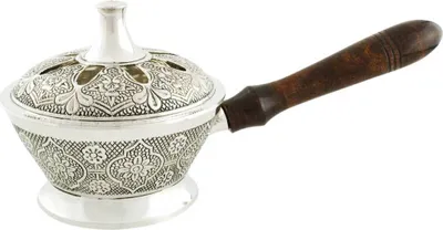 Produktbild von Räucherpfanne mit Holzgriff Messing Vernickelt Muster Antik Weihrauchpfanne 2183