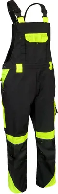 A pair of black and yellow work overalls.