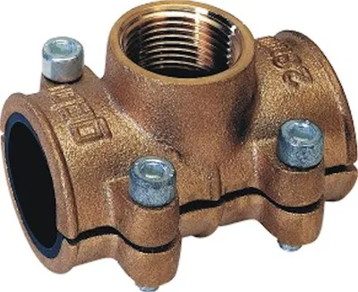 A close-up studio shot of a brass pipe fitting on a white background.