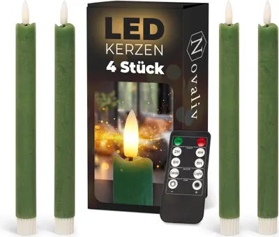 Produktbild von Stabkerzen LED mit Timer Grün 4 Stück Grün indoor - 6 Stunden - ECHTWACHS 23cm Höhe für Kerzen 2,2cm Durchmesser 2 AAA Batterien notwendig LED Stabkerzen flackernde Flamme bewegliche Flamme Licht