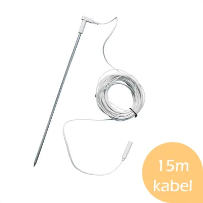 A white wire probe and a coiled white wire against a white background, with a yellow circle containing text.