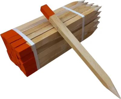 Produktbild von 50 Stück Holzpfähle Buche 80 cm – Vermessungspfähle Quadratisch 25x25 mm, Robuste Vermessungspfosten mit Orange Spitze, Pflanzstäbe & Zaunpfosten