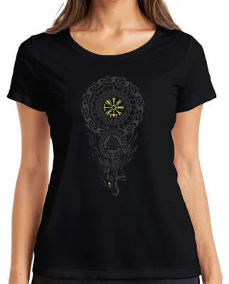 Immagine prodotto di Maglietta da donna Viking Vegvísir Valknut Fenriswolf Nordic Runes Valhalla, Nero, 3XL