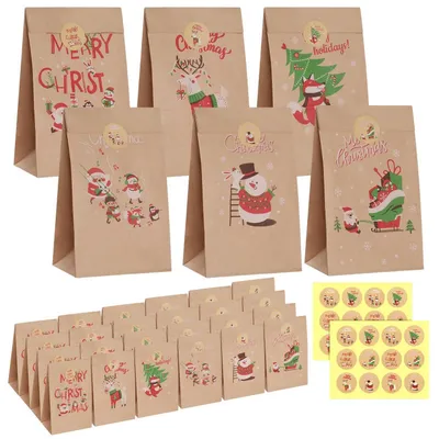 Immagine prodotto di Sacchetti regalo per Natale, confezione da 24 pezzi, carta kraft con adesivi, dimensioni 24 x 13 x 8 cm
