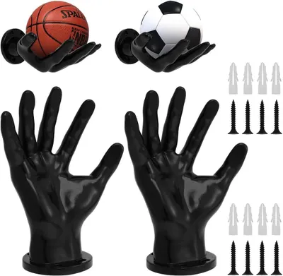 Image de 2 supports muraux pour ballons de basket, noirs, en forme de main, cadeau créatif pour les fans de basketball