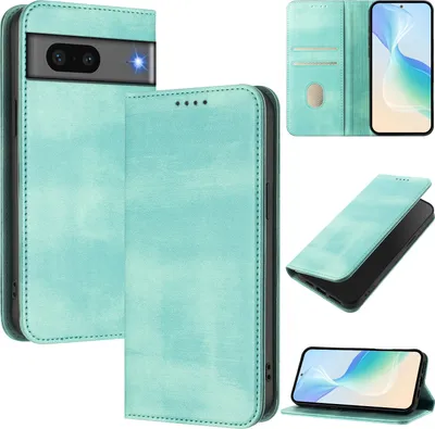 Produktbild von Handyhülle für Google Pixel 7, Vintage Leder RFID Schutz Kartenfach Standfunktion Magnetische Klapphülle Türkis