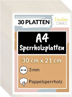 Obrázek produktu pro Creative Deco Překližkový panel 30 x A4 3mm topolová překližka | 300 x 210 (+/- 2) mm | Tenké dřevěné odřezky lze řezat laserem | ideální jako stavební materiál