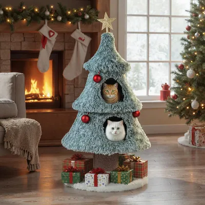 Produktbild von COSTWAY 55x123 cm Kratzbaum Weihnachten, Katzenbaum mit 2 Katzenhöhlen, Dicker Stamm, großer Basis&Bällen, Katzenkratzbaum Weihnachtsbaum Indoor, Grün