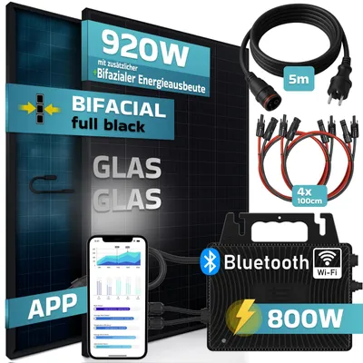 Produktbild von SUNNIVA 920W Balkonkraftwerk BIFAZIAL FULLBLACK komplett Steckdose INVER ENERGY 800W Wechselrichter, PV Solaranlage 2x 460W Glas Solarmodule, 5m Kabel