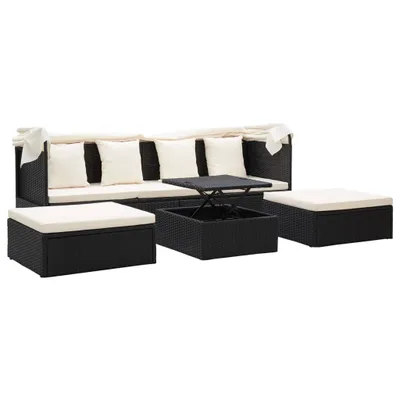 A black rattan garden sofa set with cream cushions and a lift-top coffee table, presented on a white background.