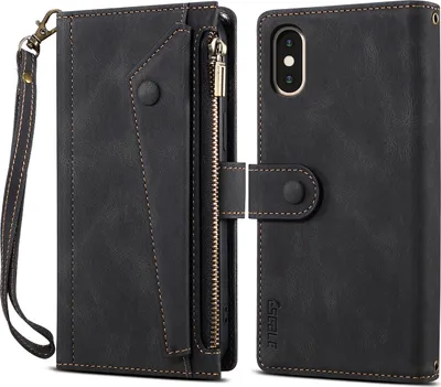 Produktbild von Schutzhülle für iPhone XS Max Reißverschluss Hülle, Leder Klapphülle Kartenfach Standfunktion Brieftasche mit Trageband Schwarz