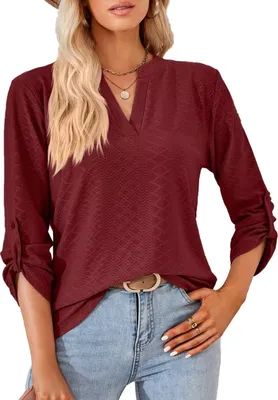 Produktbild von ASKSA Damen Bluse V-Ausschnitt Einfarbig Oberteile Elegant Lose Causal Tunika Tops, Weinrot, L