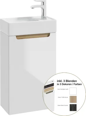 Produktbild von Badmöbel Waschtisch Set Gäste Bad mit Keramikbecken SOFIA-107 in weiß, Hochglanz lackiert, B/H/T: 40/68/22 cm