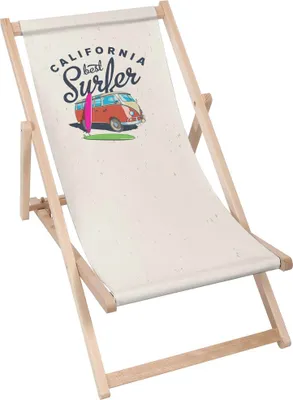 A foldable wooden deck chair with a "California best Surfer" graphic, featuring a vintage camper van and a surfboard.