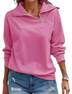 Produktbild von Damen-Sweatshirt mit Reißverschluss 1/4 Stilvoll Modisch Oversize Langarm Rosa L