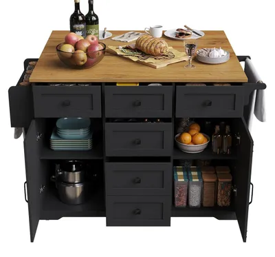 Immagine prodotto di Carrello servitore per isola cucina con finitura effetto legno e spazio contenitivo, mobile buffet mobile, nero