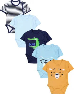 Produktbild von TupTam Baby Jungen Kurzarm Wickelbody Baumwolle Body 5er Set , Farbe: Krokodil Bär Brille Löwe Streifen Blau Hellblau Uni, Größe: 74