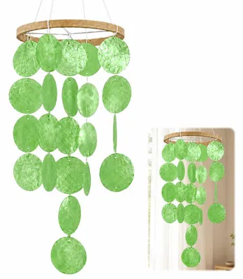 Produktbild von Muschel-Windspiel 60 cm, Capiz-Windspiel im Boho-Stil, grüne Hängedeko für Garten, Balkon, Terrasse & Fenster, natürliche Deko für drinnen & draußen
