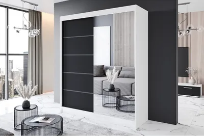 Produktbild von Easy4You P3 180 cm Weiß/Schwarz Schiebetüren Kleiderschrank 180x215x58 cm mit Spiegel - Schlafzimmermöbel, Aufbewahrung - Mehrzweckschrank