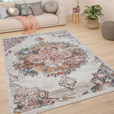 Produktbild von Teppich Wohnzimmer Kurzflor Vintage Pastell Modernes Orientalisches Muster Grösse 60x100 cm