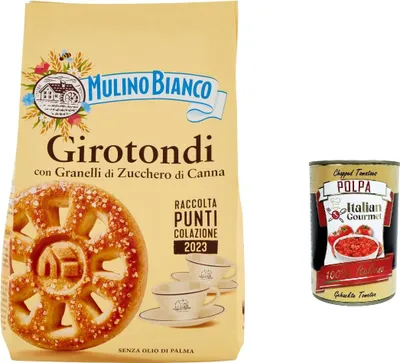 Produktbild von 6x Mulino Bianco Girotondi, Kekse mit braunen Zuckerkörnern 350G biscuits cookies + Italian gourmet polpa 400g