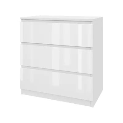A white, three-drawer chest of drawers against a white background.