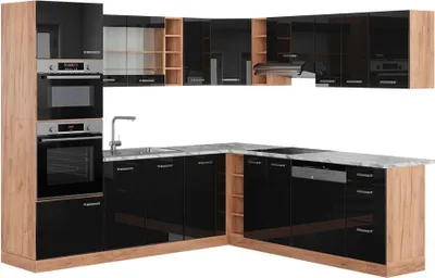 Produktbild von Eckküche Vicco R-Line Schwarz Hochglanz/Goldkraft Eiche 247 x 60 cm , AP Marmor, Model 43116