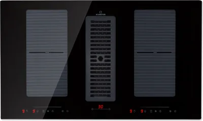 A top-down view of a black induction cooktop with two grill zones and a central ventilation grate.