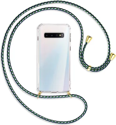 Produktbild von Handykette Backcover-Schutzhülle mit Band (Metall goldfarben) für Samsung Galaxy S10 - grün/blau/weiß