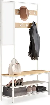 Produktbild von Kleiderständer Mit Platz Für Schuhe, Dielenbaum Mit Spiegel, Haken, Bank Und Schuhregalen, 35 X 98 X 180 Cm, Diele