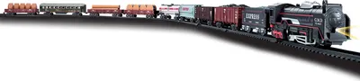 A toy train set with a locomotive and several carriages on a track.