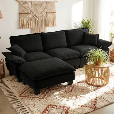 Produktbild von L-förmiges modulares Ecksofa, Cloud-Design mit Segelboot-Optik, beweglicher Ottomane + 2 Kissen, Chenille-Bezug, Schwarz
