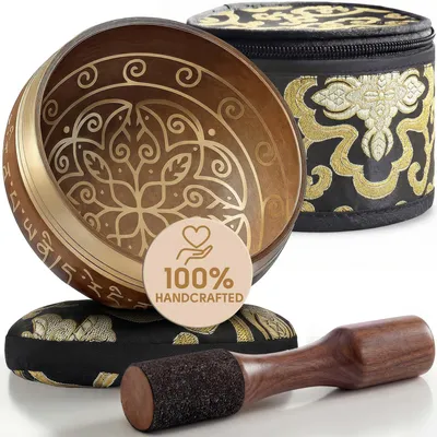 Produktbild von Omgoods – Set aus tibetischen Klangschalen – Handgefertigte Meditationsschale mit Kissen und Stößel