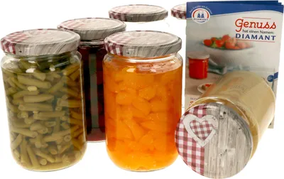 Produktbild von 6x Einmachgläser 720ml I Deckel Holz Herz Rot-Dekor Twist-Off TO 82 + Rezeptheft