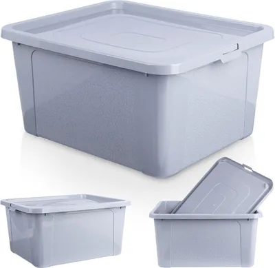 A collage of three images showing a light gray plastic storage bin with a lid from different angles.