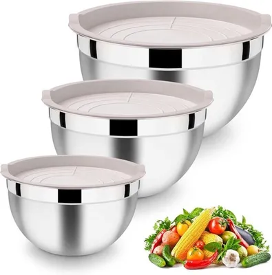Edelstahl Mischschalen-Set, 3-teiliges Set mit luftdichten Deckeln, ideal für Salate, Backen und Kochen, stapelbar und