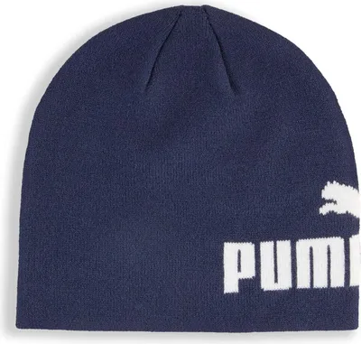 A navy blue Puma beanie with the Puma logo and text on the front.