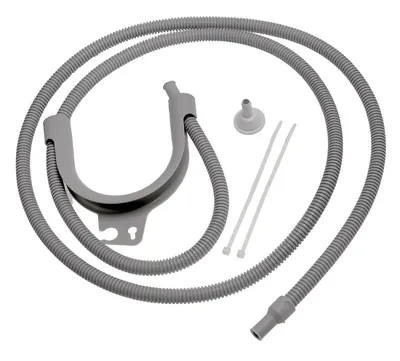 A set of dryer condensate drain accessories, including a hose, a U-shaped bracket, a funnel, and zip ties, laid out on a white background.