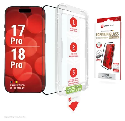 Produktbild von Displex Premium Panzerglas (Full Cover, 10H) für Apple iPhone 18 Pro/17 Pro, Full Cover, Apple, iPhone 18 Pro/17 Pro, Stoßfest, Staubresistent, Schlagfest, Kratzresistent, Schockresistent, Transparent, 1 Stück(e)