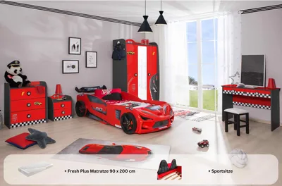 Produktbild von Kinderzimmer komplett Set Autobett Rio 5 teilig Rot , Sportsitze:inkl. Sportsitze, Matratze:Creativ Fresh Plus H2, Bettwäsche:ohne Bettwäsche, Wandregal:ohne Wandregal