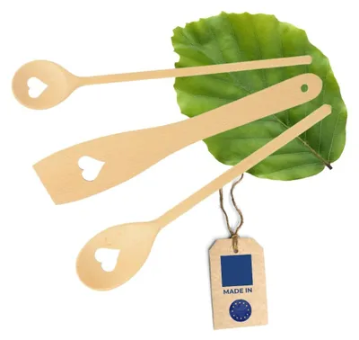Kochset Herz 3-tlg. – 2 Kochlöffel + 1 Pfannenwender, Buchenholz 30 cm