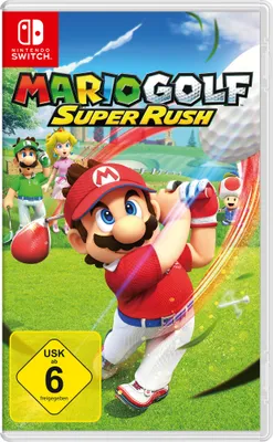 The cover art for the Nintendo Switch game Mario Golf: Super Rush, featuring Mario in the foreground swinging a golf club, with other characters and a golf course in the background.