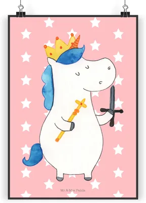 Produktbild von Mr. & Mrs. Panda Bild Einhorn König mit Schwert DIN A4 - Rot Pastell - Geschenk, Kunstdruck, Mittelalter, Einhörner, Ritter, Plakat, Unicorn, drucke, wanddeko, Wandbild