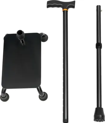 Immagine prodotto di Bastone da passeggio e ausilio per le scale 2 in 1 - Bastone a quattro piedi - Regolabile da 85 a 105 cm (10 livelli) - Portata massima 150 kg - Base antiscivolo - Lega di alluminio - Nero