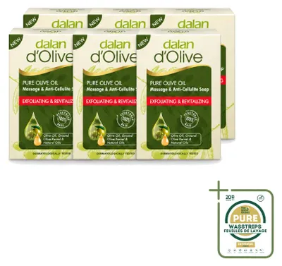 Imagen del producto de 6 jabones exfoliantes Dalan d'Olive para masaje y tratamiento anticelulítico - 150 g cada uno - Paquete de 6 unidades