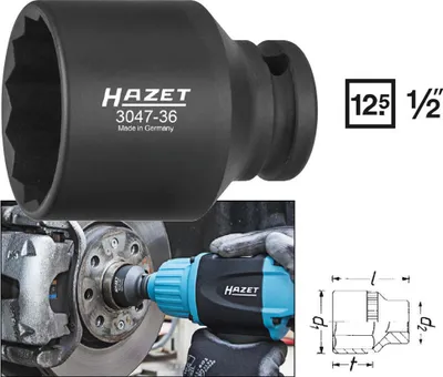 Produktbild von Hazet Schlag-Maschinenschrauber Steckschlüsseleinsatz 3047-36, 1/2 (12,5 mm) Vierkant hohl, Außen Doppelsechskant-Tractionsprofil, SW 36 mm