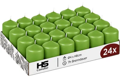 Produktbild von HS Candle Stumpenkerzen Grün Ø4xH6 cm 24er-Pack, unparfümierte Blockkerzen, Wachskerzen ca. 7h Brenndauer, für Advent, Naturdeko & Feste